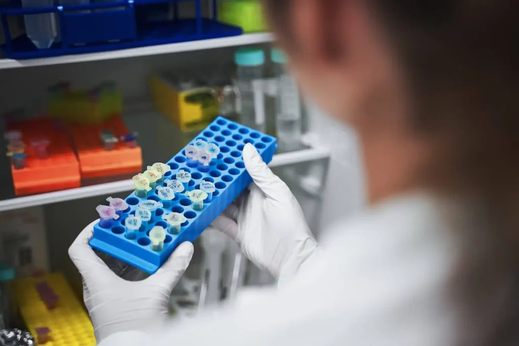 person looking at a tray on medical samples