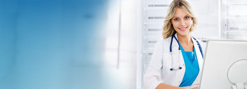 Healthcare Sector | Banner | Doctor on computer - Medical Freezer